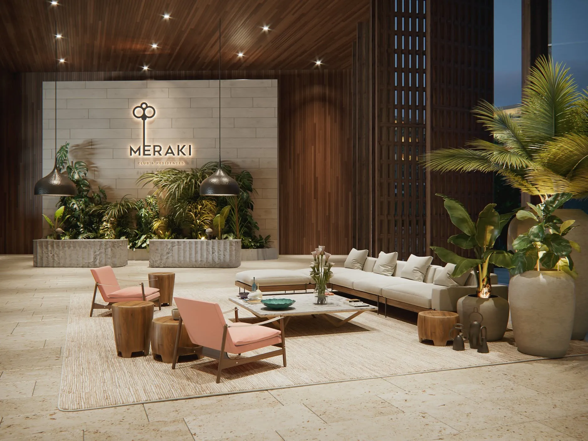 Lobby de Meraki con el logo del proyecto y zona de estar
